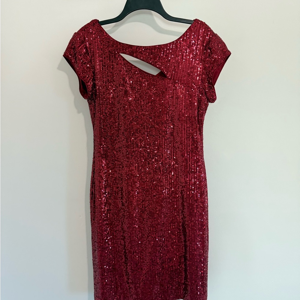 Connected Apparel Burgundy Sequin Asymmetrical Dress